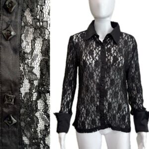 Artisti Italiani Vintage Sheer Lace Shirt Size Large Black Satin French Cuffs